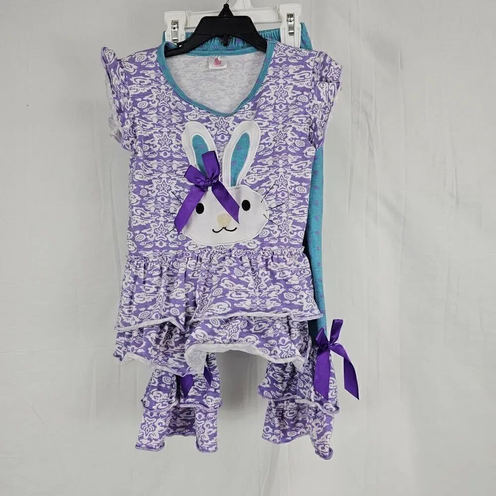 Conice Nini Purple Turquoise Easter Bunny Printed Outfit Ruffle Pants Fits Sz 5